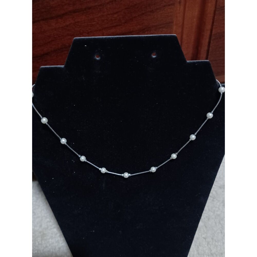 LIZ CLAIBORNE Vintage Silver-Toned Floating Faux Pearl Necklace, 16"